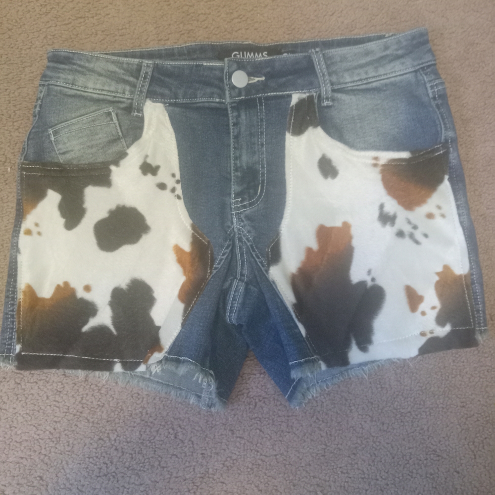 Glimms Women's Denim Shorts with Faux Cowhide Print Sz 29